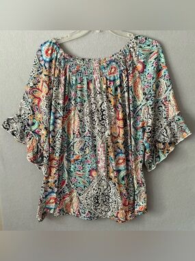 MICOSON Boho Paisley Blouse Off The Shoulder BellSleeve Tunic Top Multi Color 2X